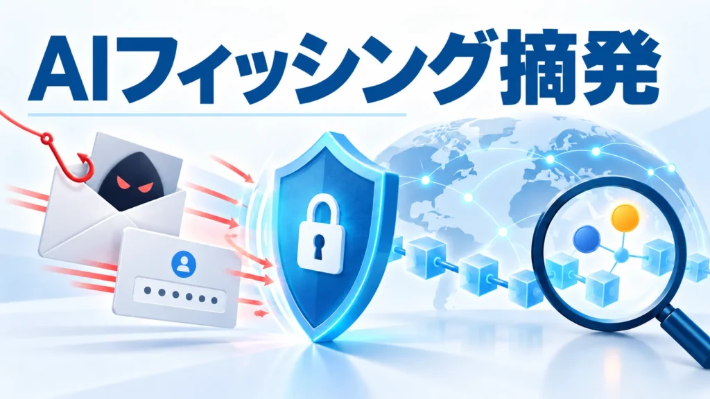 AIフィッシング基盤EvilTokensの遮断と暗号資産送金の防御を表すAI生成イラスト