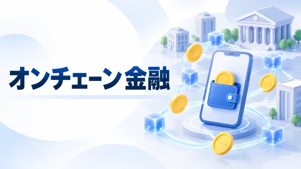 オンチェーン金融の制度検討を表すスマートフォン、ウォレット、金融ネットワークのAI生成イラスト