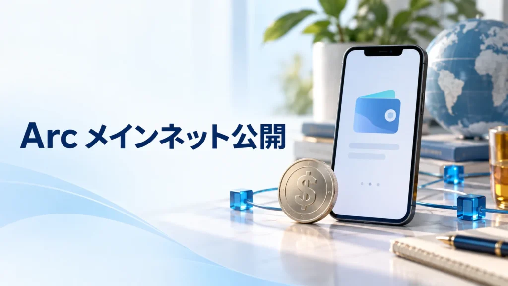 Arcの公開を表すスマートフォン、ドル記号のコイン、ネットワークの写真調イメージ