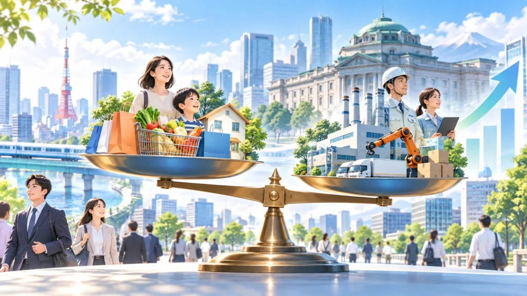 日銀の需給ギャップと日本経済の需要超過を表すAI生成イメージ